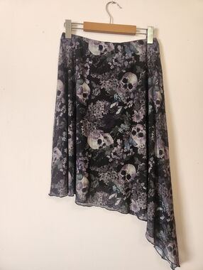 Thorn & Fable Skull & Butterfly Asymmetrical Mesh Midi Skirt Small EUC Gothic